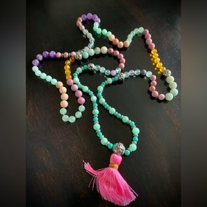 Mala Prayer Bead Necklace 28" with pink silk tassel and Tibetan guru bead